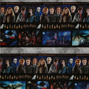Harry Potter fabric with horizontal bands of film portraits, wands, potion bottles and scenes in blue, black and gray.