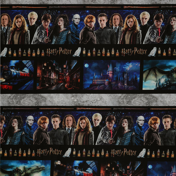 Harry Potter fabric with horizontal bands of film portraits, wands, potion bottles and scenes in blue, black and gray.