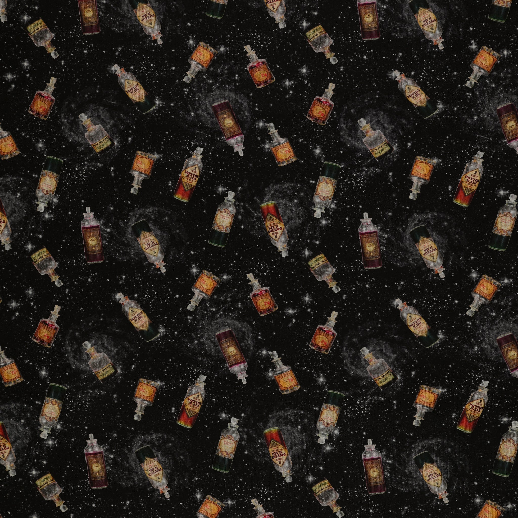 Black Harry Potter fabric with scattered potion bottles, antique-style labels, gray swirls and white stars.