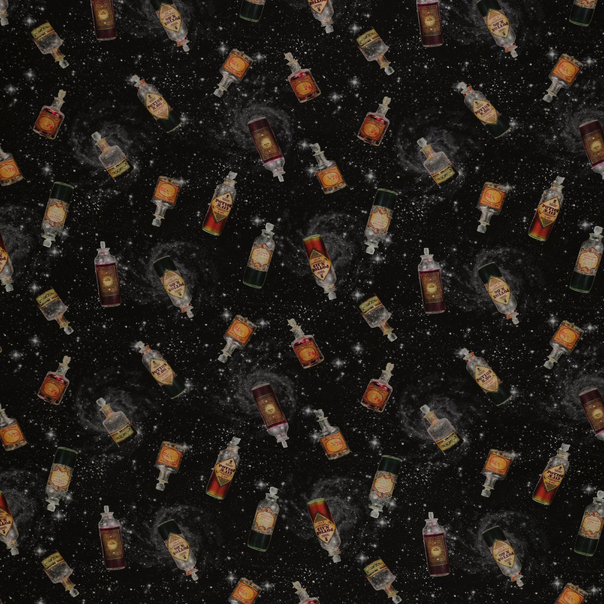 Black Harry Potter fabric with scattered potion bottles, antique-style labels, gray swirls and white stars.