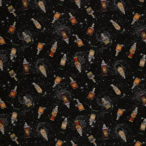 Black Harry Potter fabric with scattered potion bottles, antique-style labels, gray swirls and white stars.