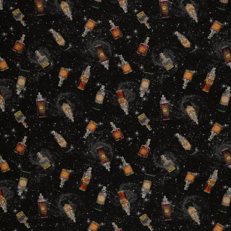 Black Harry Potter fabric with scattered potion bottles, antique-style labels, gray swirls and white stars.