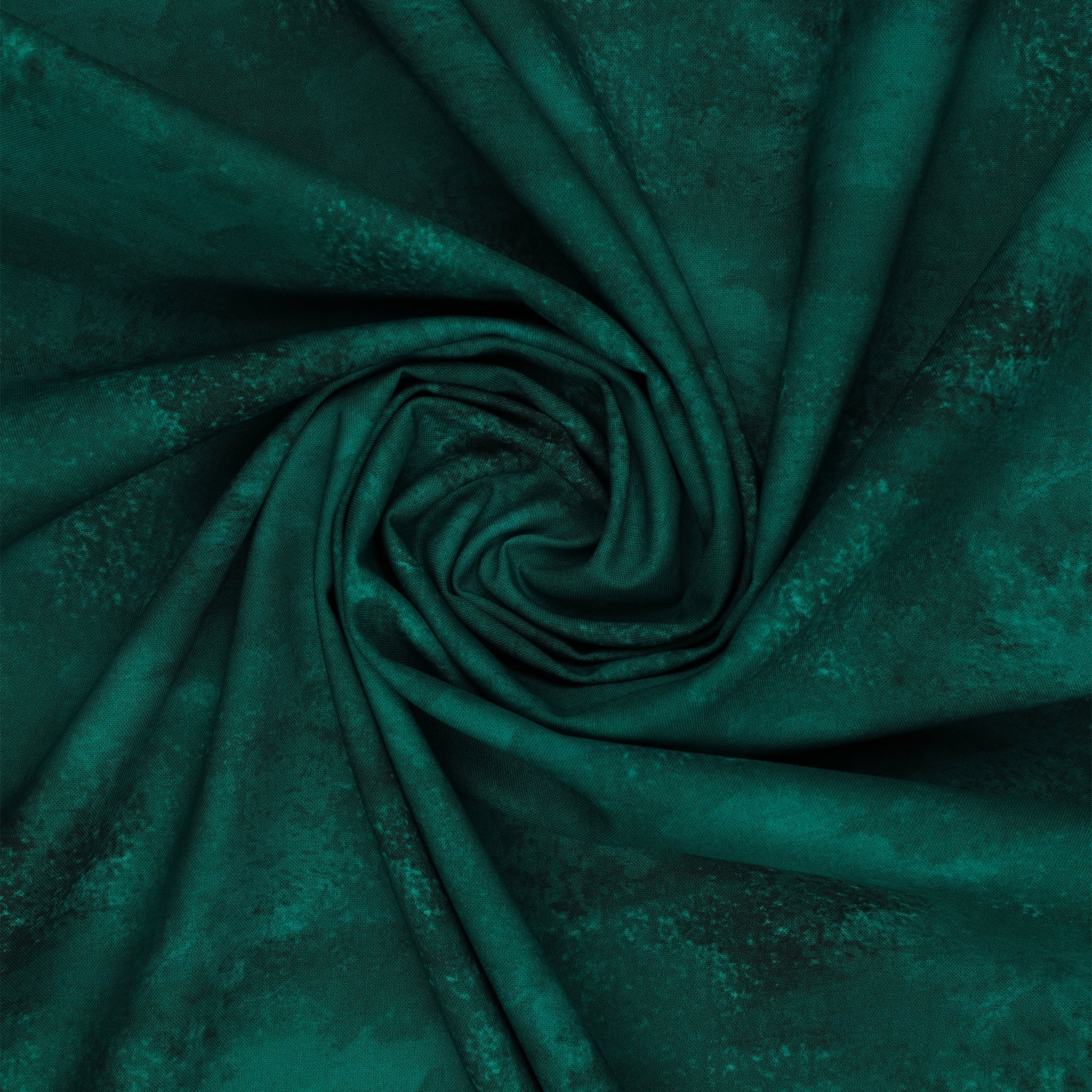 Teal mottled fabric from Benartex Bushel & Bloom Terra Nova collection, shown swirled to display texture
