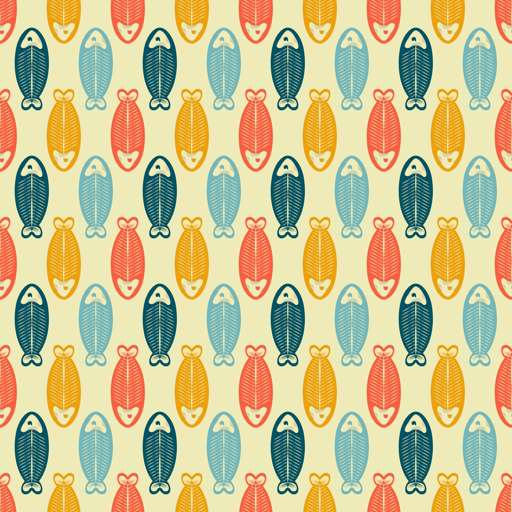 Fish Pattern Atomic 1950s Atomic Cats Pattern #3 Fabric - Tan