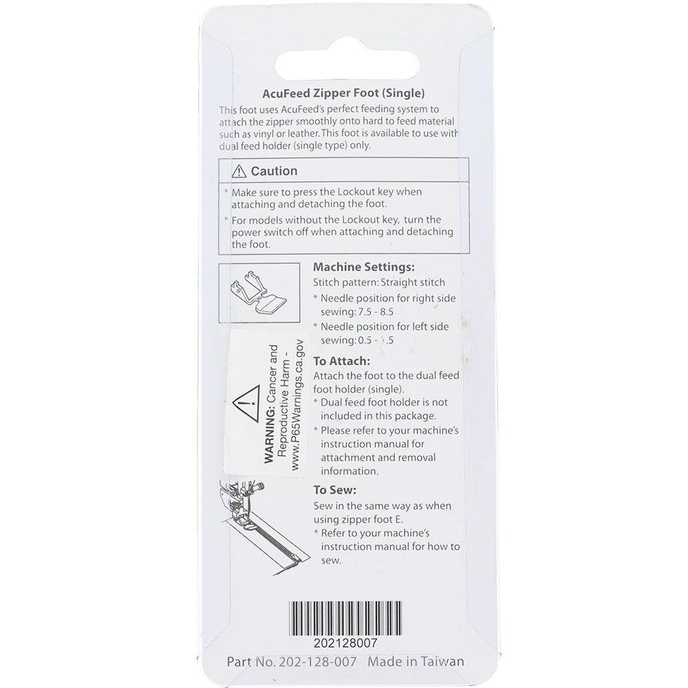 Acufeed Zipper Foot Single, Janome #202128007 image # 87765