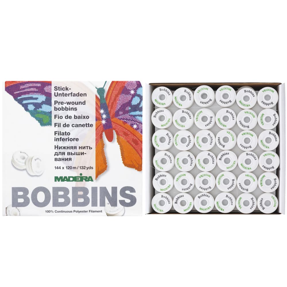 Madeira Prewound L Style Bobbins 144-pk (132yds) - White image # 96261