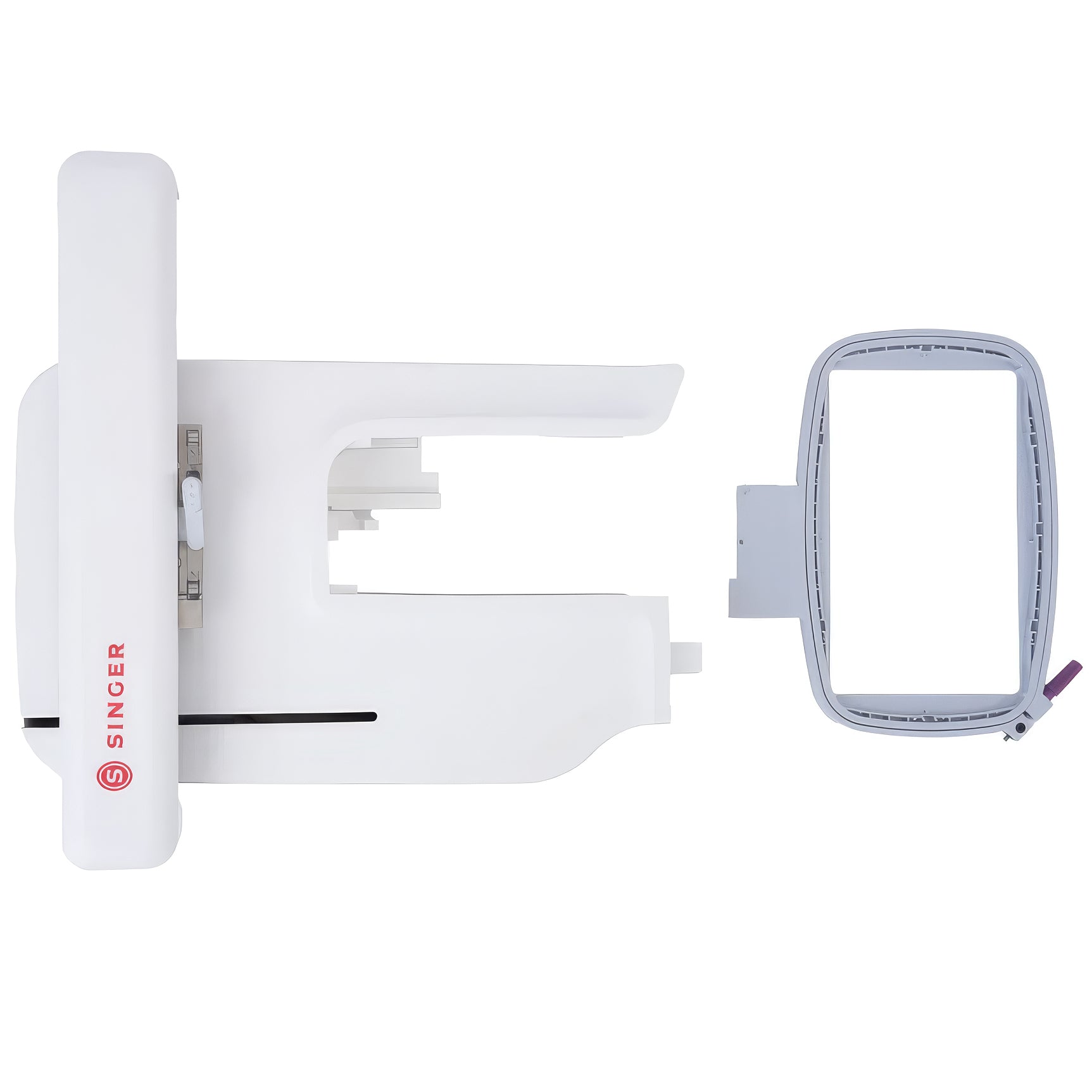 Top down view of 900E Embroidery Attachment with included hoop.