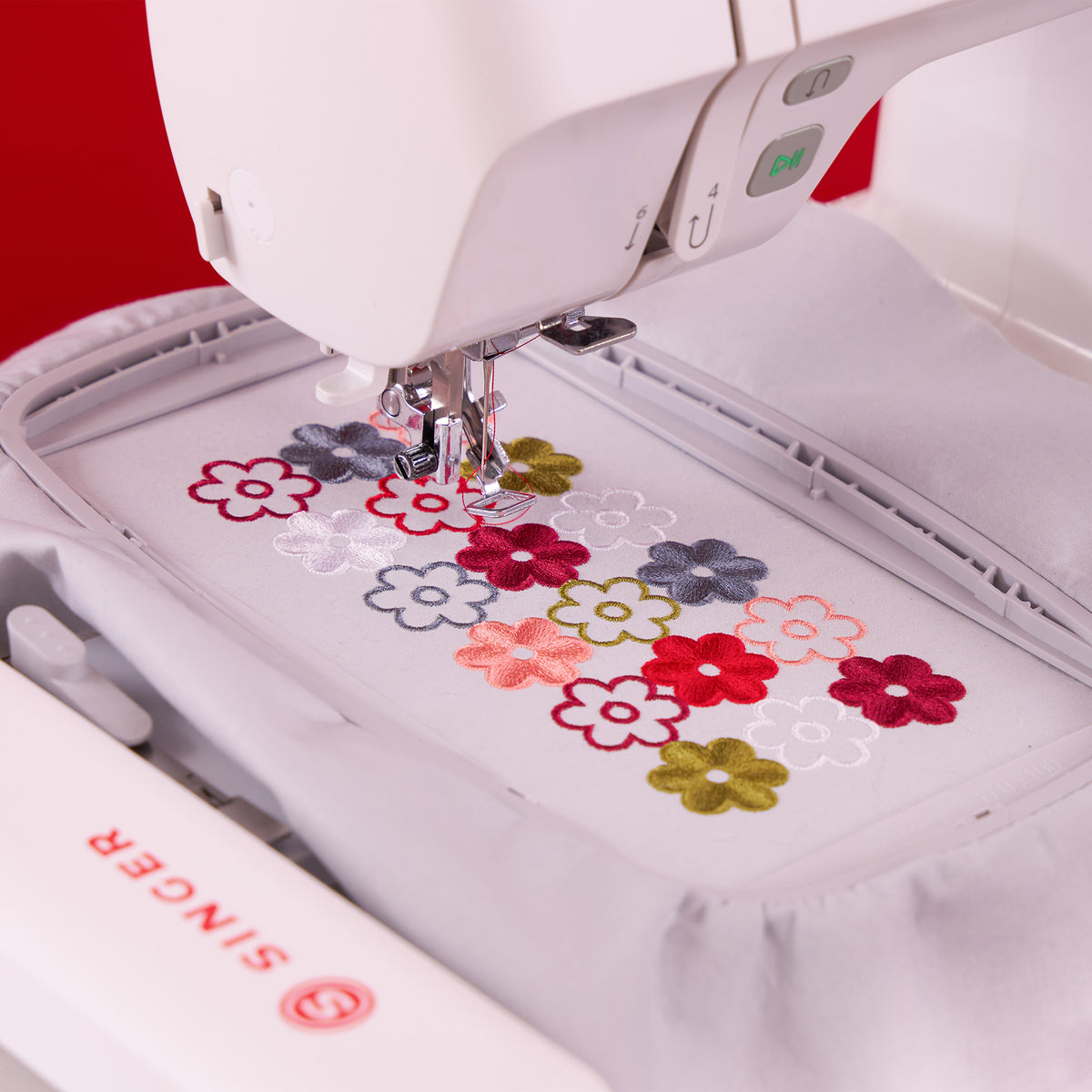 Close up of Singer embroidery hoop with floral embroidery. 