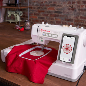 Singer HD9120 machine lifestyle image of flower embroidery. 