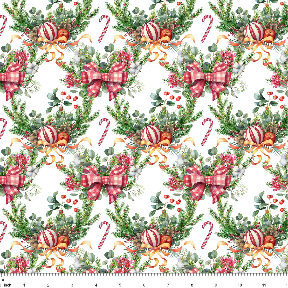 Christmas Farmhouse Bow Wreath Fabric - White