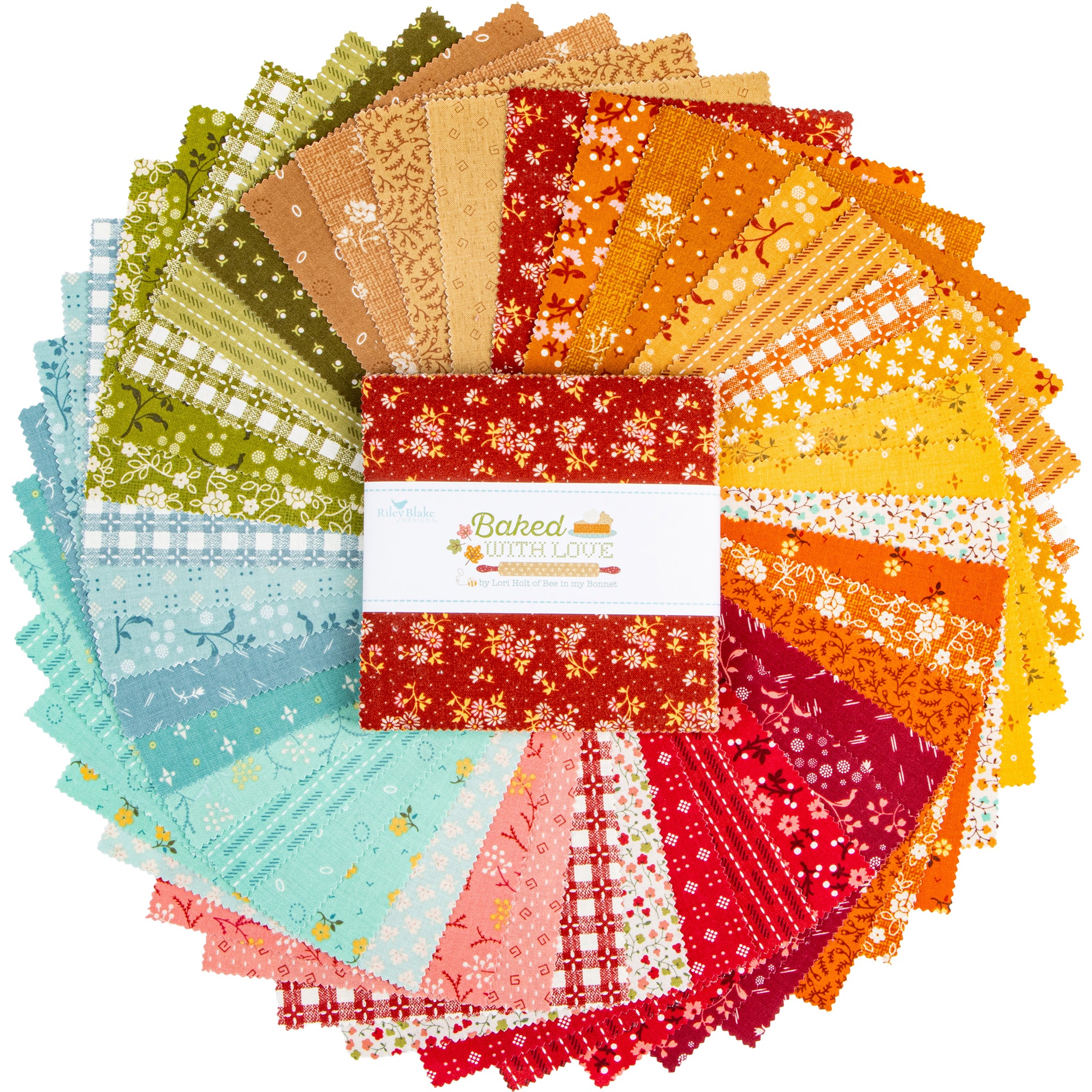 A circular arrangement of patterned fabric squares in many colors, with a central white paper band reading 'Baked With Love.' The fabrics show floral, check, plaid, and solid patterns in red, orange, yellow, green, blue, pink, and beige tones on a white background.