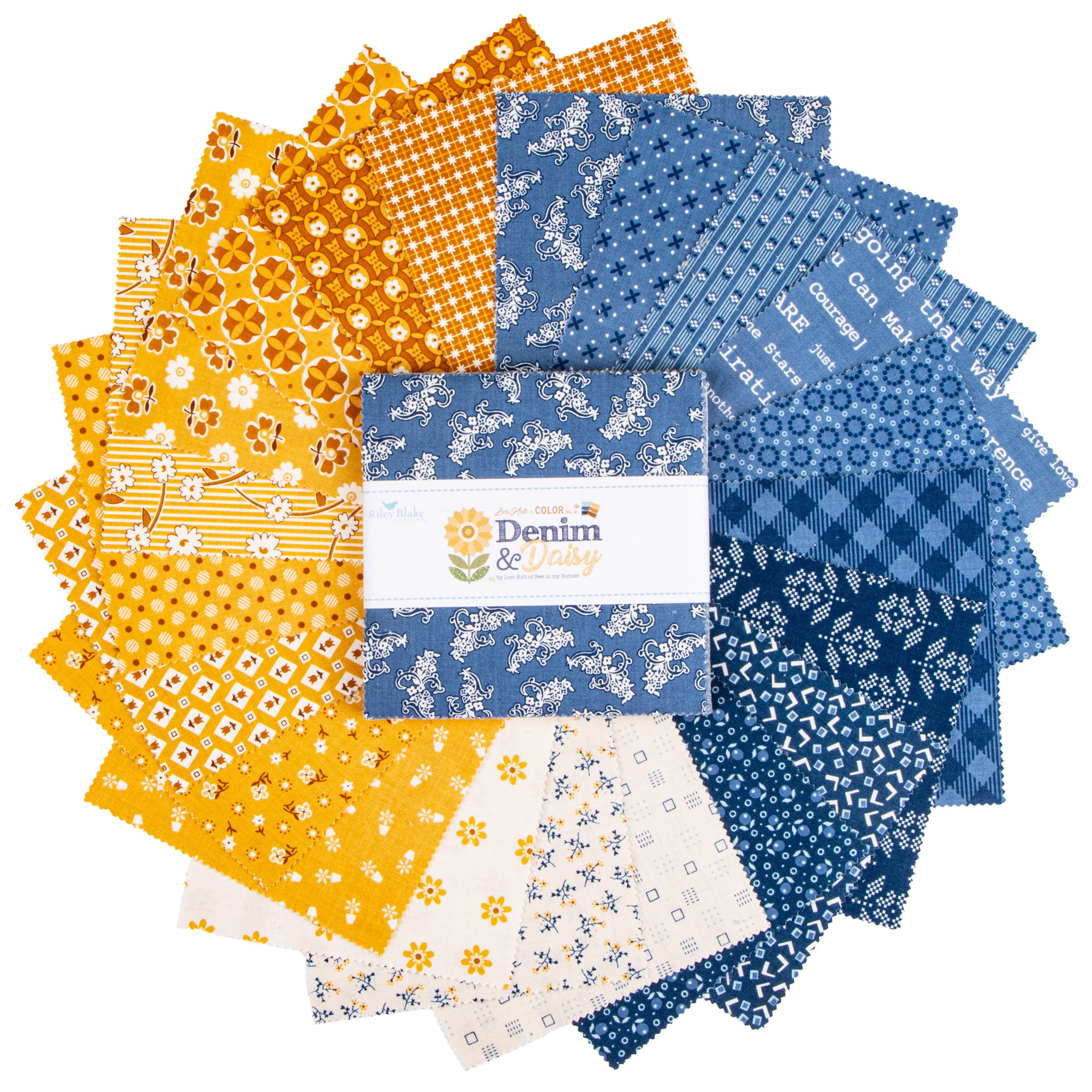 Denim & Daisy 5-inch Stacker with blue, gold, and cream floral and geometric fabric squares fanned out.