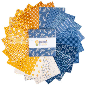 Denim & Daisy 5-inch Stacker with blue, gold, and cream floral and geometric fabric squares fanned out.