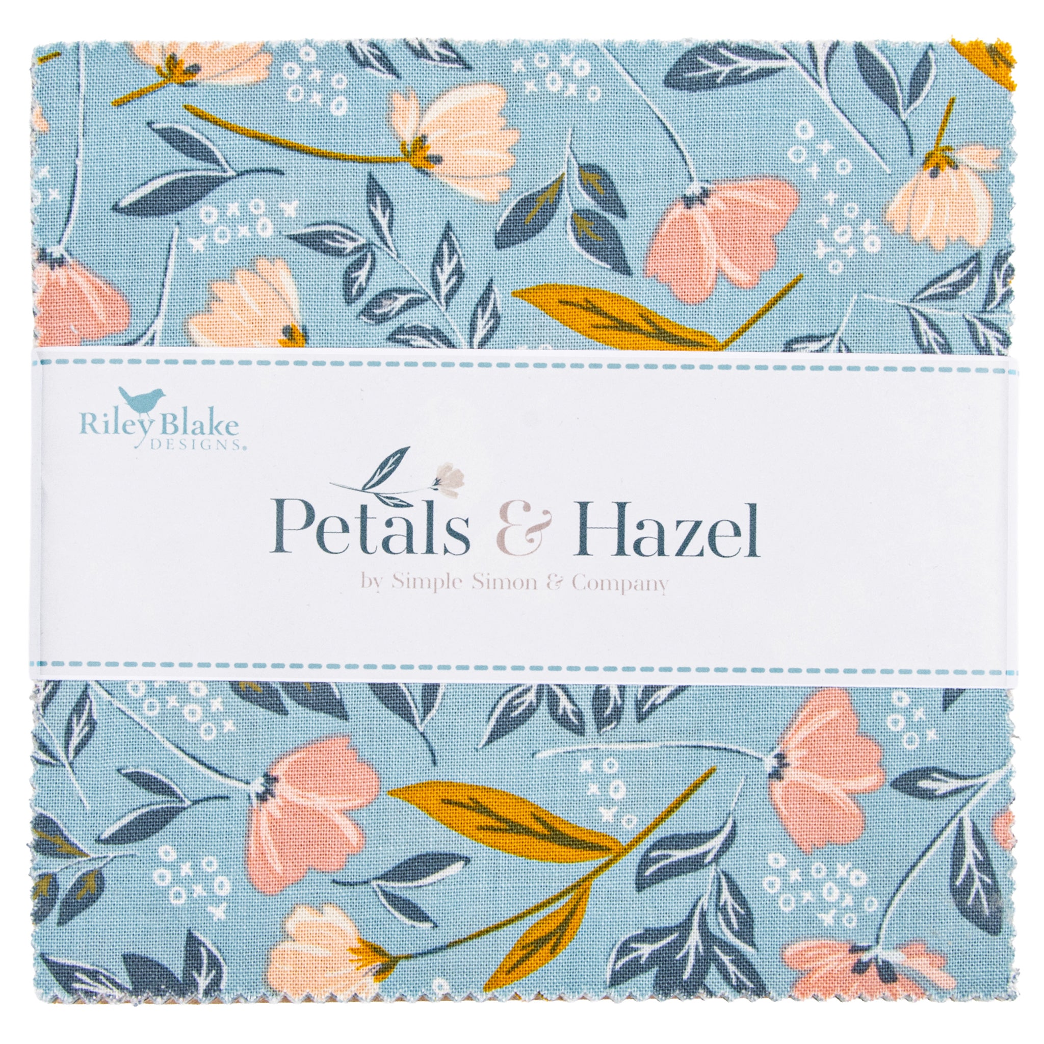 Close-up of Petals & Hazel 5-inch Stacker with blue floral fabric and a white Riley Blake Designs label.