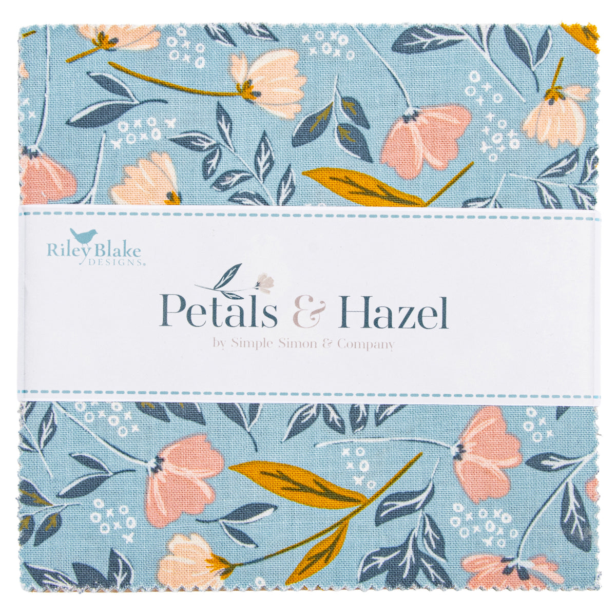 Close-up of Petals & Hazel 5-inch Stacker with blue floral fabric and a white Riley Blake Designs label.
