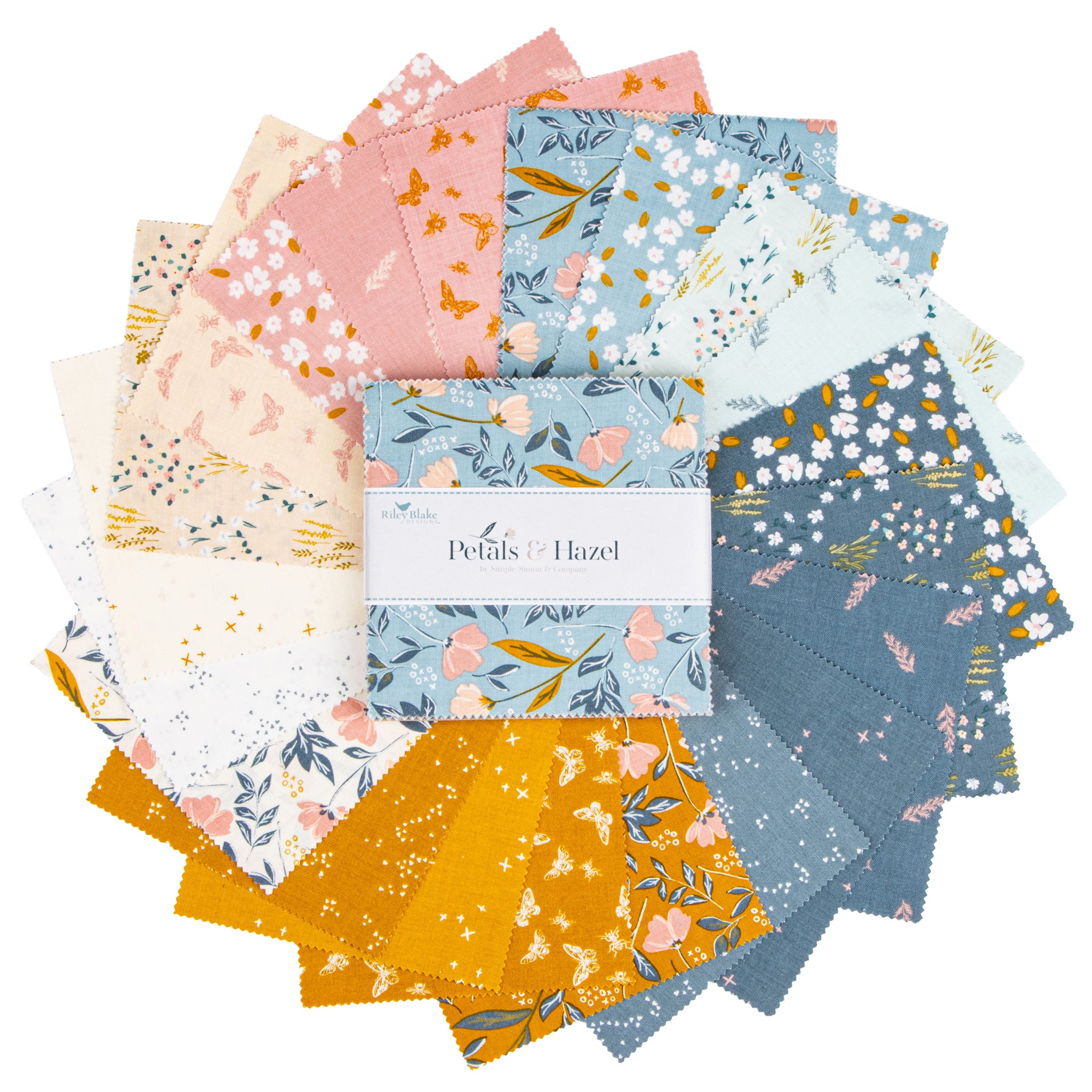 Petals & Hazel 5-inch squares fanned around a labeled stack, showing floral, butterfly, and scattered prints.