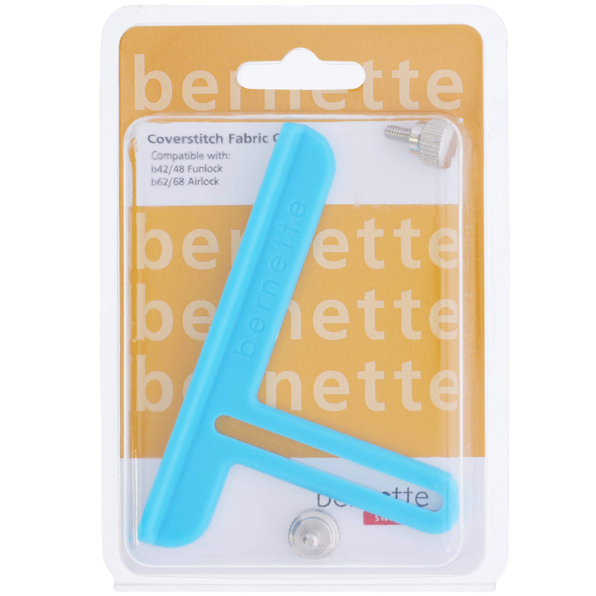 bernette Coverstitch Fabric Guide in blue with mounting screws, compatible with b42/48 FUNLOCK and b62/68 AIRLOCK.