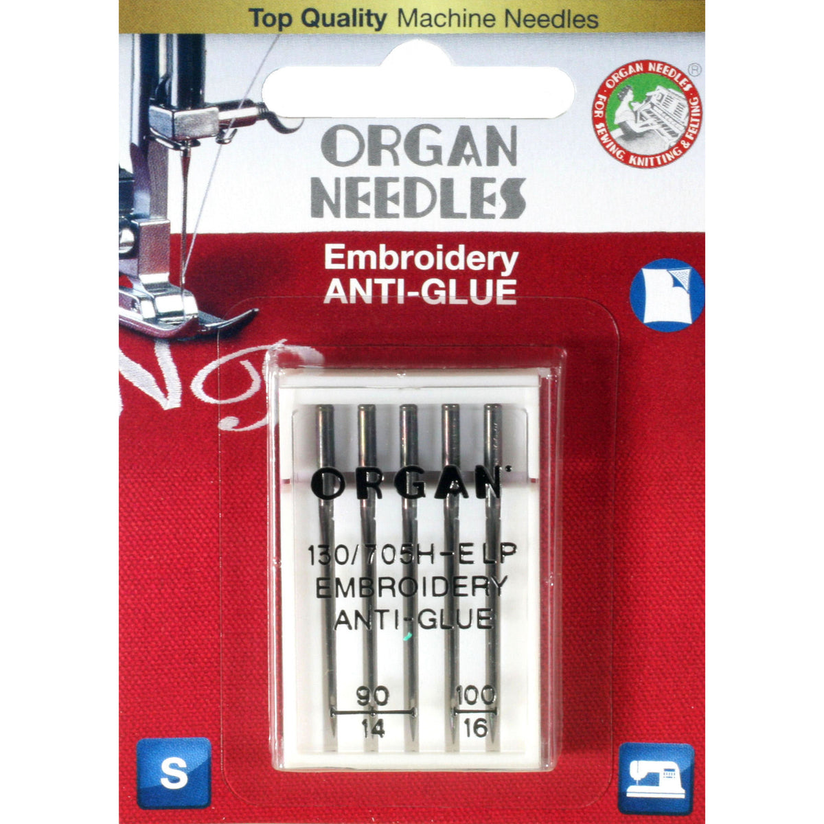 Pack of Organ Anti-Glue embroidery needles on a red and white background with sewing machine illustration.