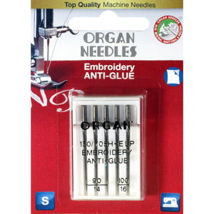 Pack of Organ Anti-Glue embroidery needles on a red and white background with sewing machine illustration.