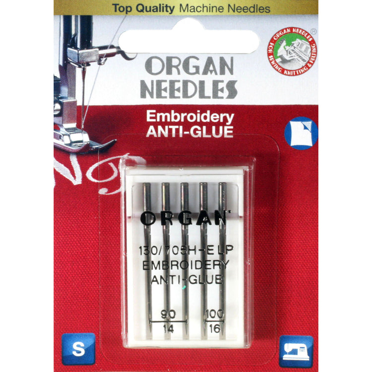Pack of Organ Anti-Glue embroidery needles on a red and white background with sewing machine illustration.