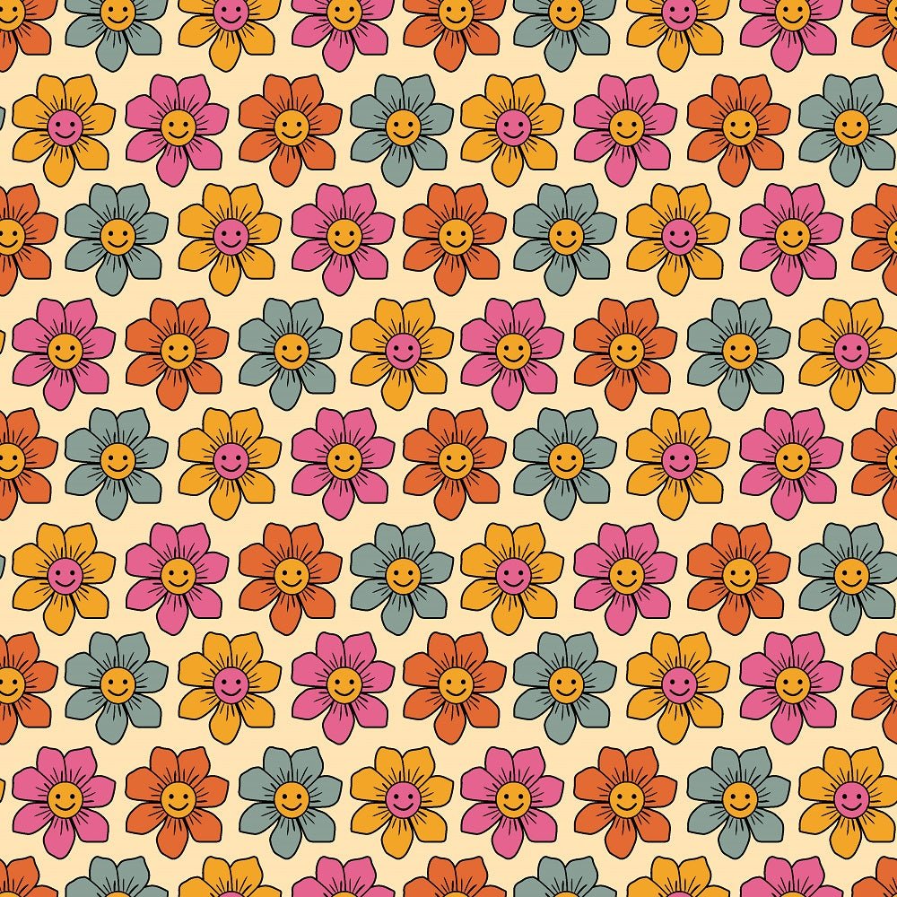 70s Retro Floral Smiley Face Fabric