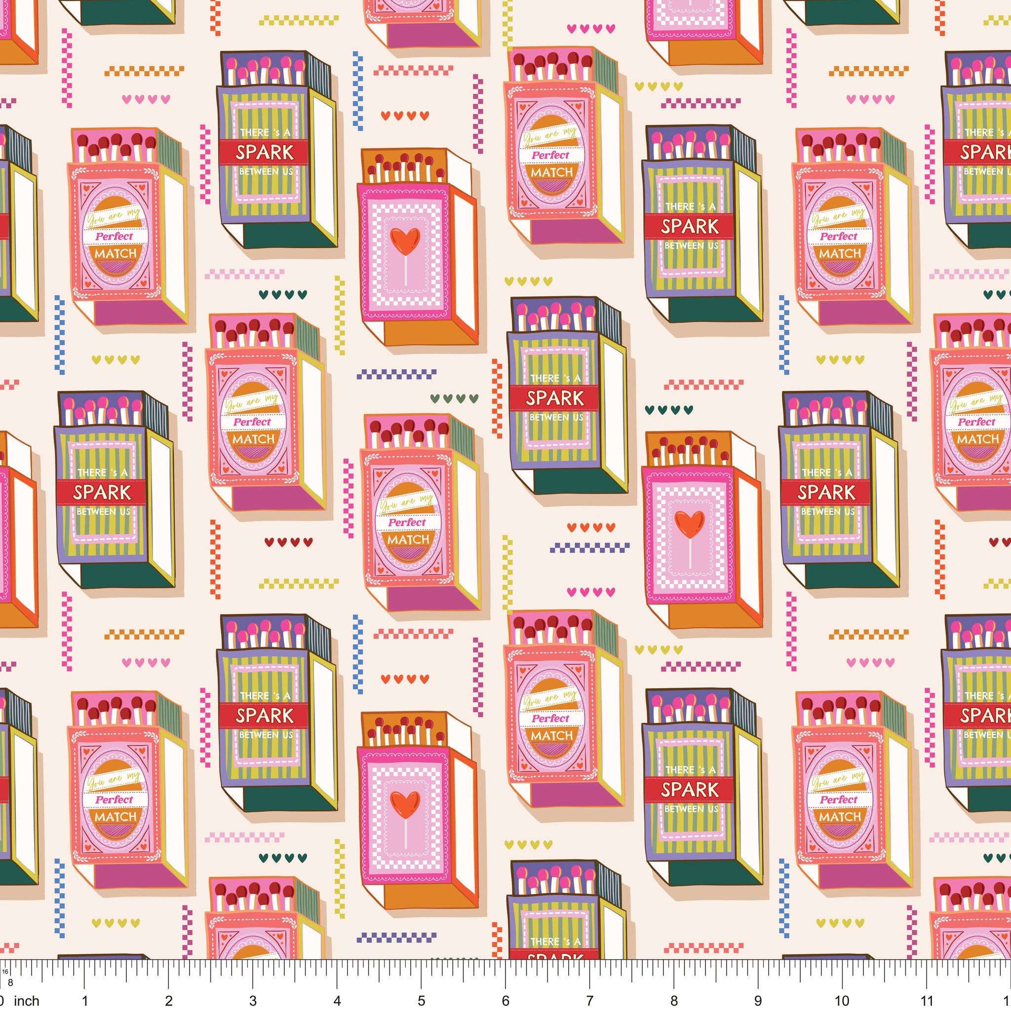 Cream fabric with rows of retro matchbooks and colorful zigzag accents, shown with ruler for scale