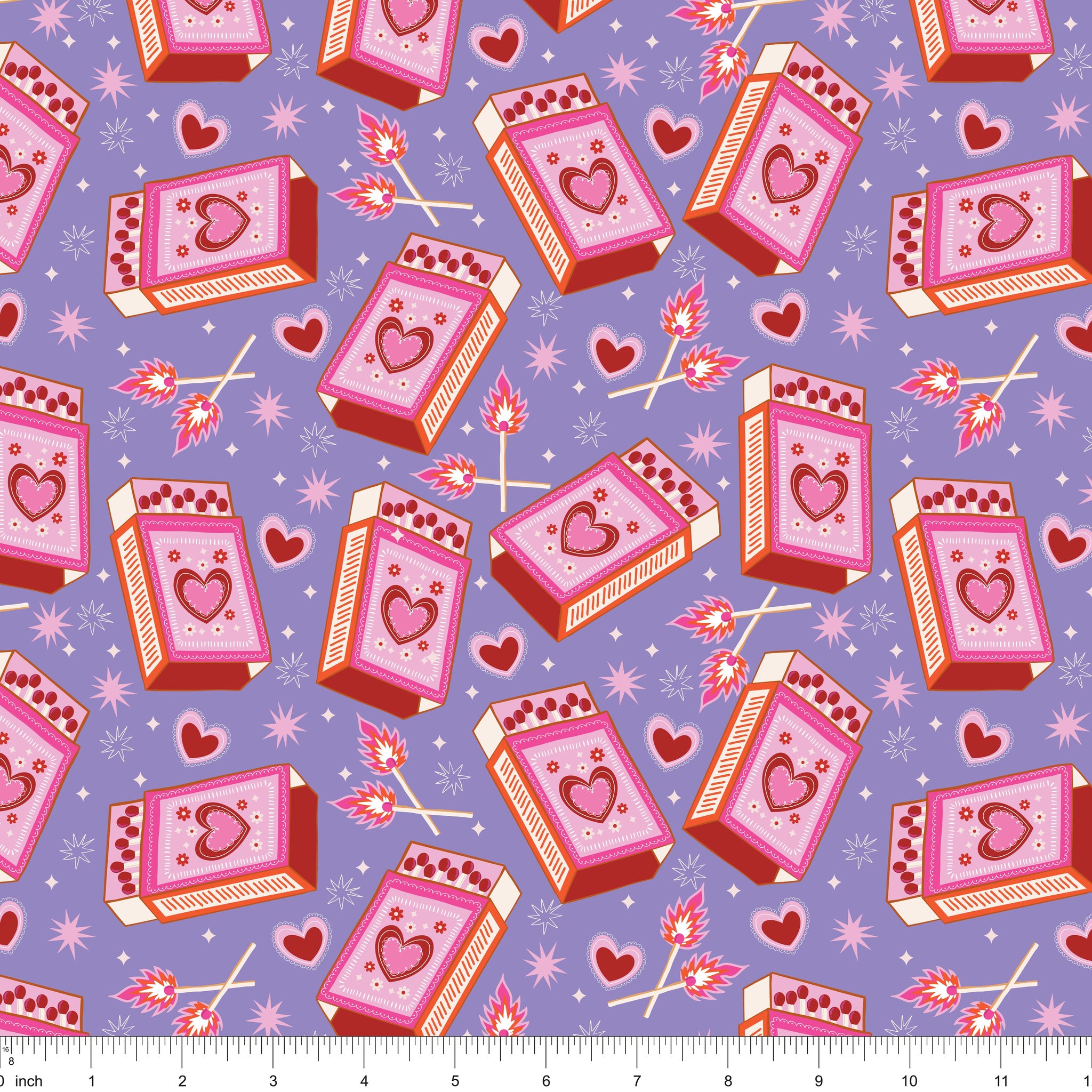 Lavender fabric with heart matchboxes, lit matches and sparkles, shown with ruler for scale