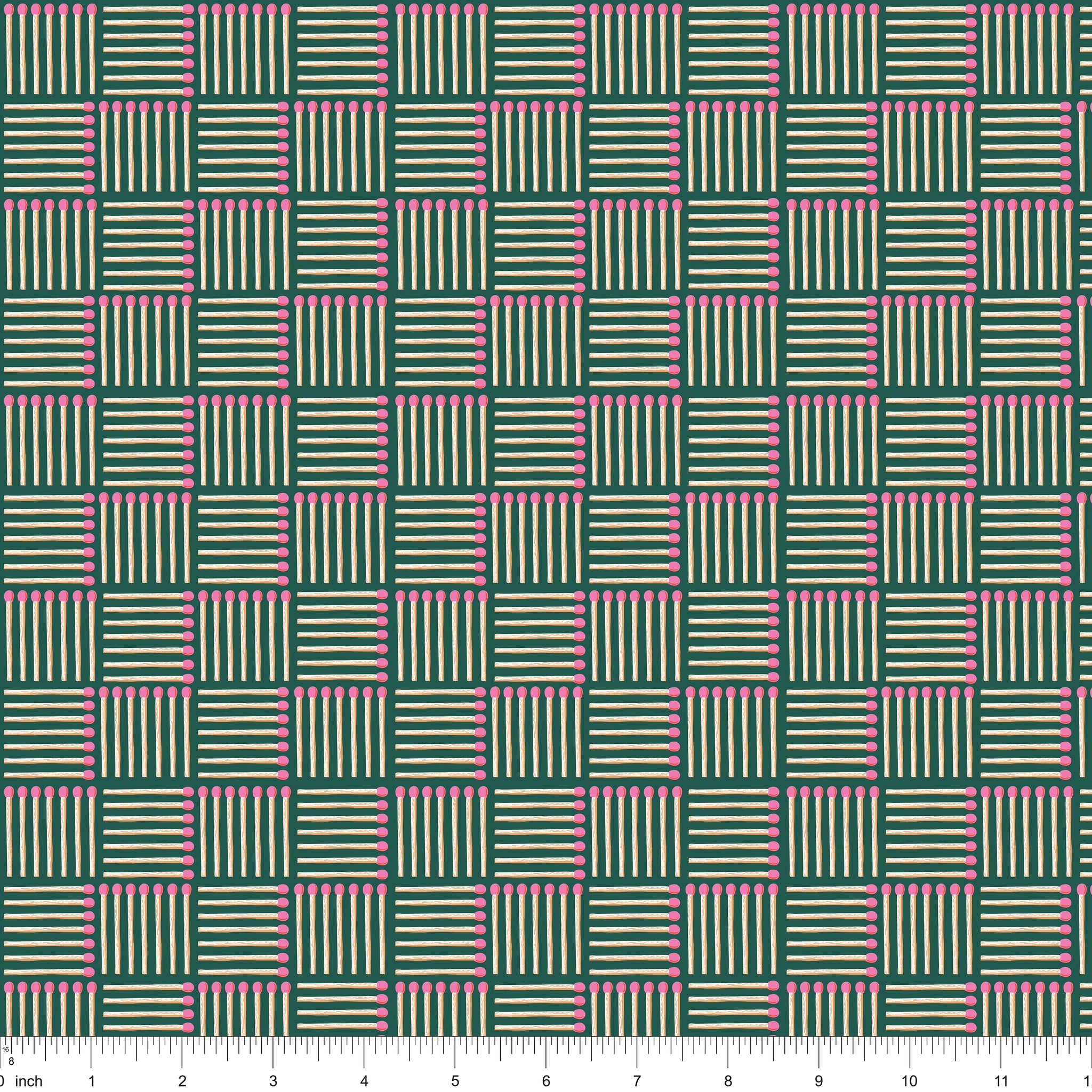 Dark green fabric with pink-tipped matchsticks in a basketweave, shown with ruler for scale