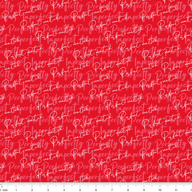 Red fabric with Perfectly Imperfect and Perfect Match script lettering, shown with ruler for scale