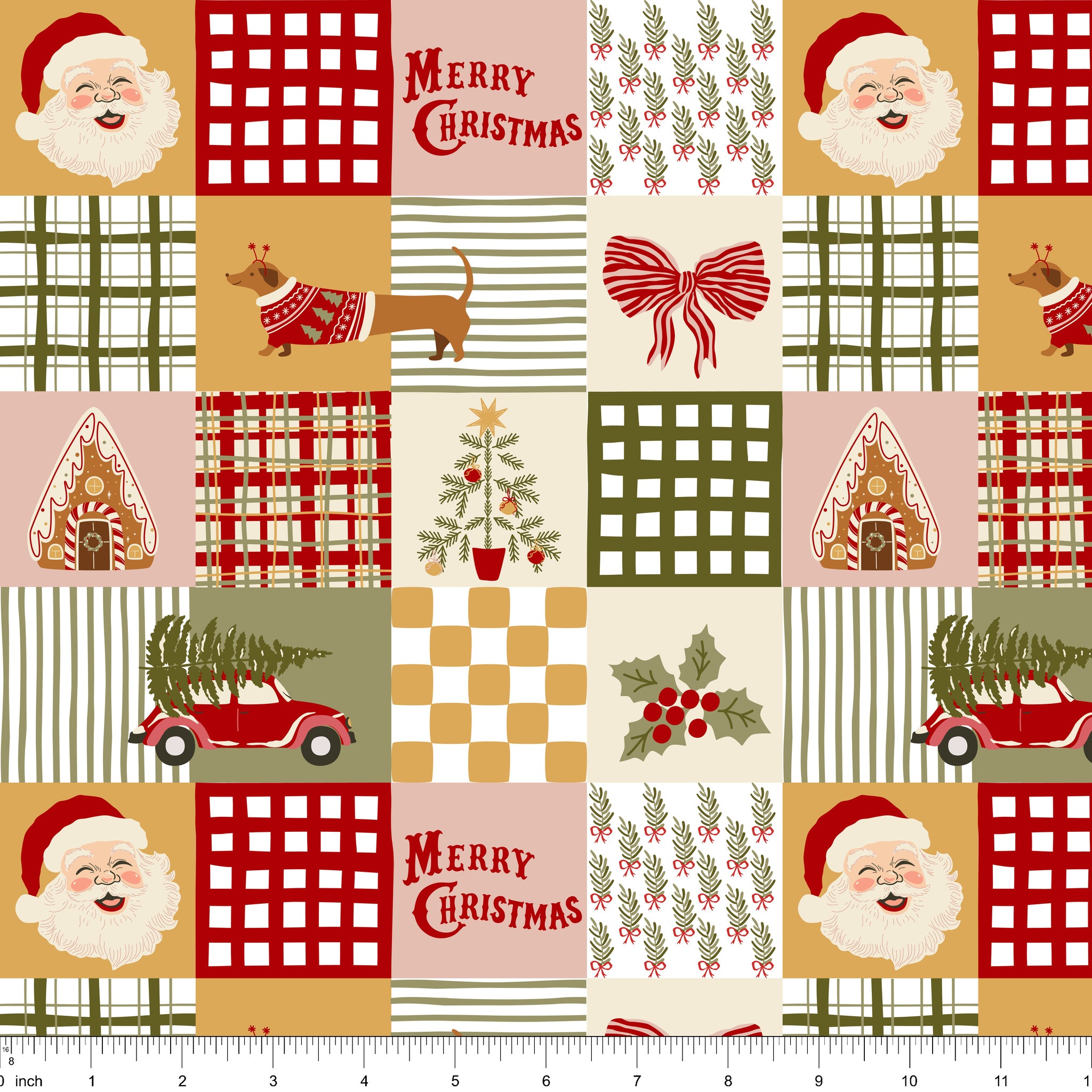 Cream and white patchwork fabric with Santa, a dachshund in a sweater, a gingerbread house, a red car with a tree and plaid blocks, shown with ruler for scale