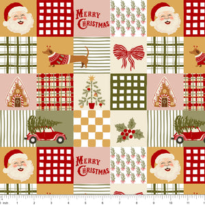 Cream and white patchwork fabric with Santa, a dachshund in a sweater, a gingerbread house, a red car with a tree and plaid blocks, shown with ruler for scale