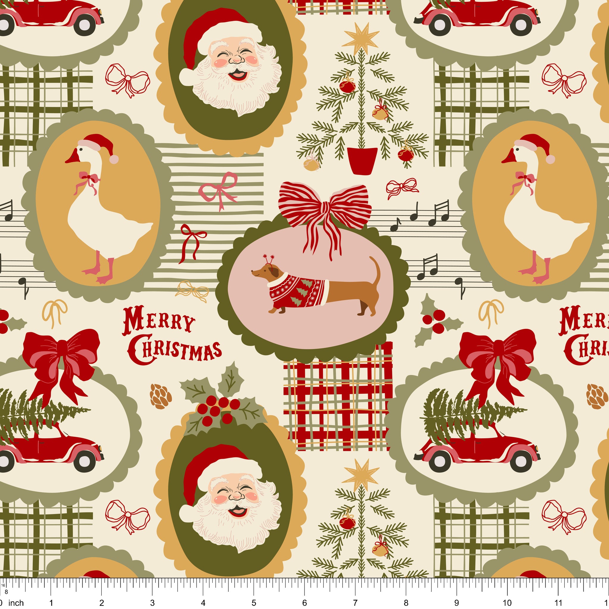 Cream fabric with oval frames of Santa, a goose in a Santa hat, a dachshund and a Christmas tree, shown with ruler for scale