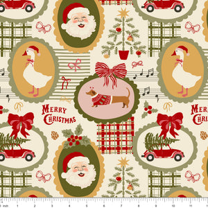 Cream fabric with oval frames of Santa, a goose in a Santa hat, a dachshund and a Christmas tree, shown with ruler for scale
