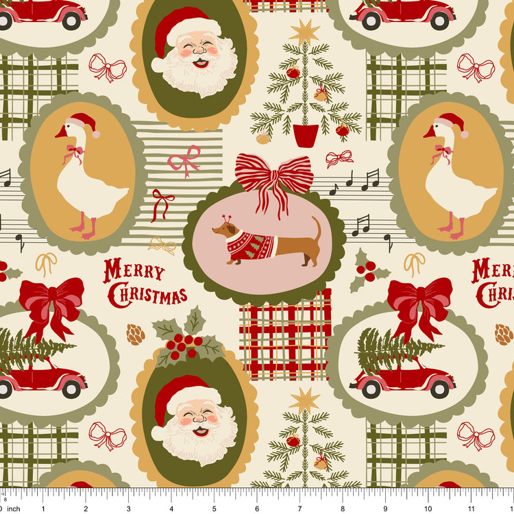 Cream fabric with oval frames of Santa, a goose in a Santa hat, a dachshund and a Christmas tree, shown with ruler for scale