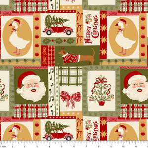 Cream patchwork fabric with Santa, a goose, a red car carrying a tree, plaids and Merry Christmas, shown with ruler for scale