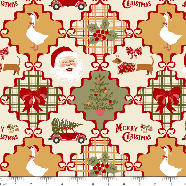 Cream fabric with red and gold scalloped frames holding a goose, Santa, a Christmas tree and bows, shown with ruler for scale