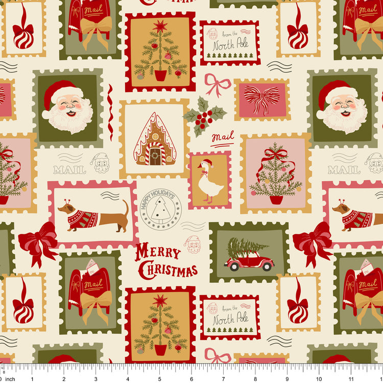 Cream fabric with Christmas postage stamps of Santa, a gingerbread house, a goose and a dachshund, shown with ruler for scale