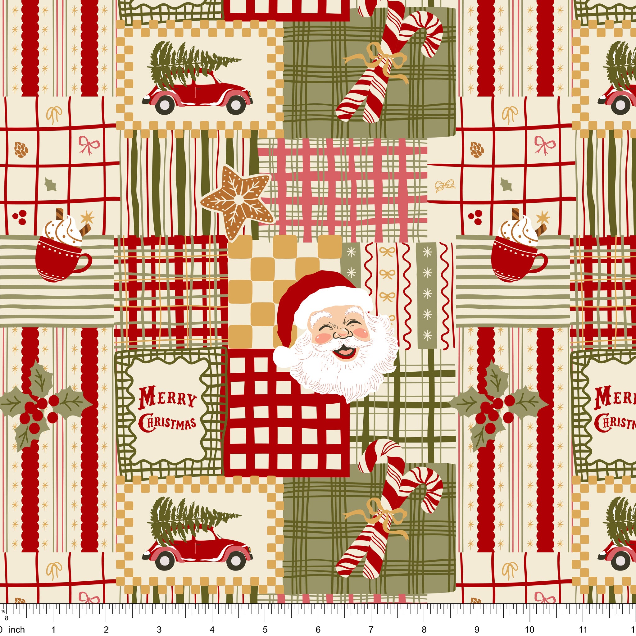 Cream patchwork fabric with hot cocoa, a candy cane, a gingerbread cookie, Santa and plaids, shown with ruler for scale