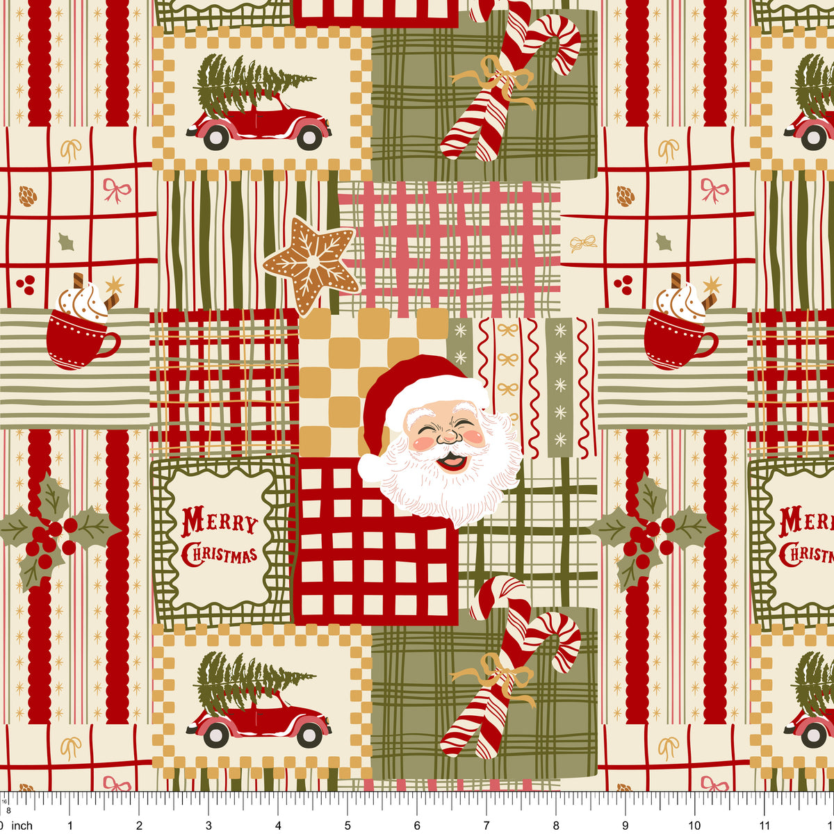 Cream patchwork fabric with hot cocoa, a candy cane, a gingerbread cookie, Santa and plaids, shown with ruler for scale