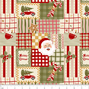 Cream patchwork fabric with hot cocoa, a candy cane, a gingerbread cookie, Santa and plaids, shown with ruler for scale