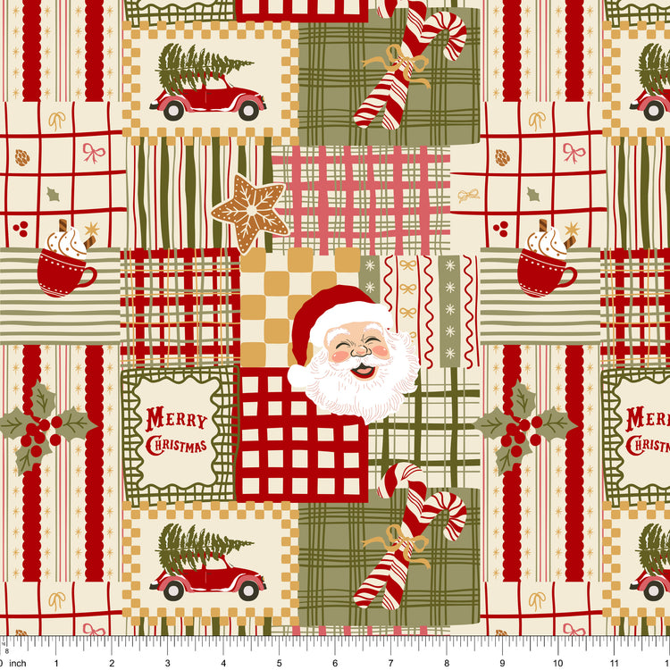Cream patchwork fabric with hot cocoa, a candy cane, a gingerbread cookie, Santa and plaids, shown with ruler for scale