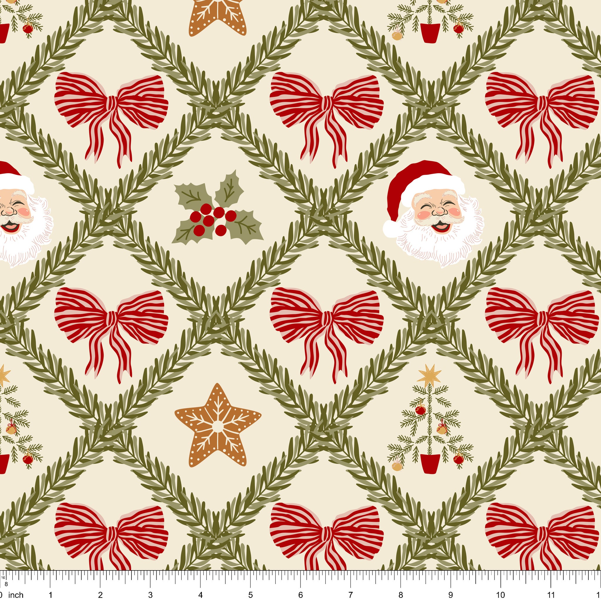 Cream fabric with a green pine garland trellis and red striped bows, shown with ruler for scale