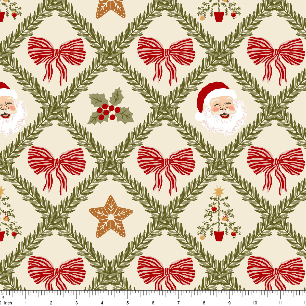 Cream fabric with a green pine garland trellis and red striped bows, shown with ruler for scale