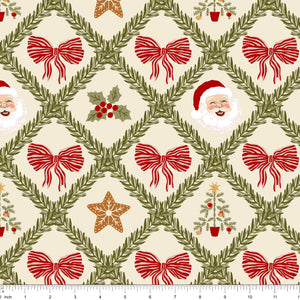 Cream fabric with a green pine garland trellis and red striped bows, shown with ruler for scale