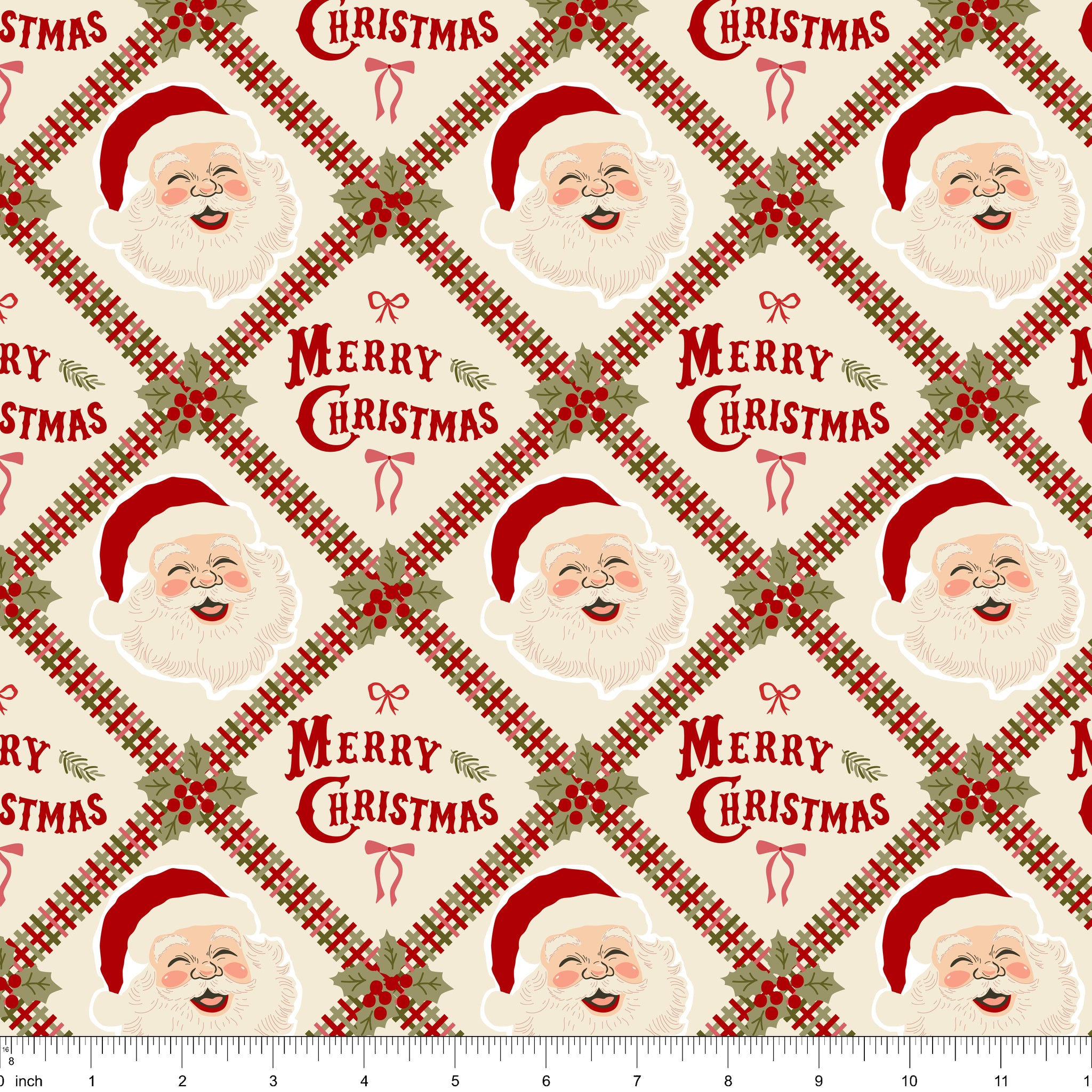 Cream fabric with a red and green plaid lattice, Santa faces and Merry Christmas, shown with ruler for scale