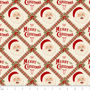 Cream fabric with a red and green plaid lattice, Santa faces and Merry Christmas, shown with ruler for scale