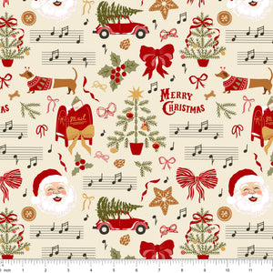 Cream fabric with tossed sheet music, a mailbox, a dachshund, a red car and Christmas trees, shown with ruler for scale