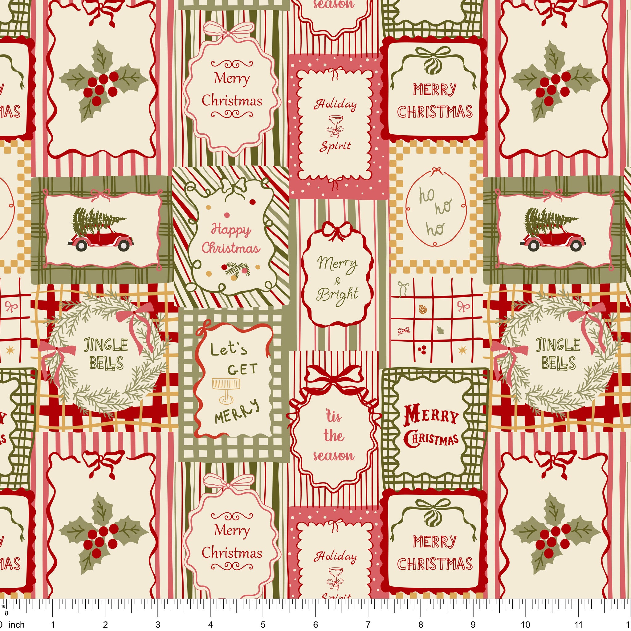 Patchwork fabric of Christmas gift tags reading Merry Christmas, Jingle Bells and Merry and Bright, shown with ruler for scale