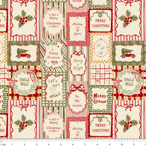 Patchwork fabric of Christmas gift tags reading Merry Christmas, Jingle Bells and Merry and Bright, shown with ruler for scale