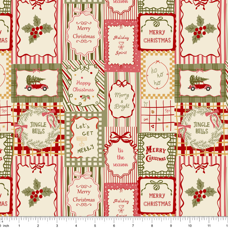 Patchwork fabric of Christmas gift tags reading Merry Christmas, Jingle Bells and Merry and Bright, shown with ruler for scale